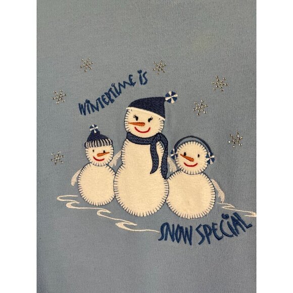 MC Sportswear Sweatshirt Women PL Blue Crew Pullover Festive Snowman Holiday 80s - Picture 8 of 12